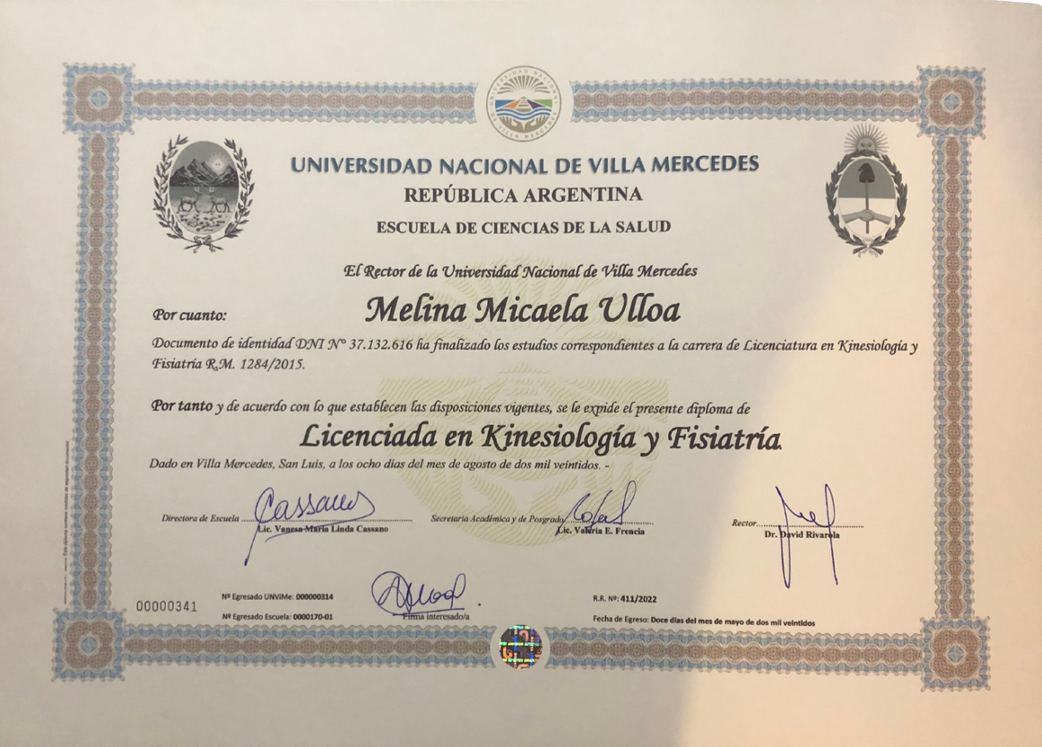 Certificado — Licenciatura en Kinesiología y Fisiatría
