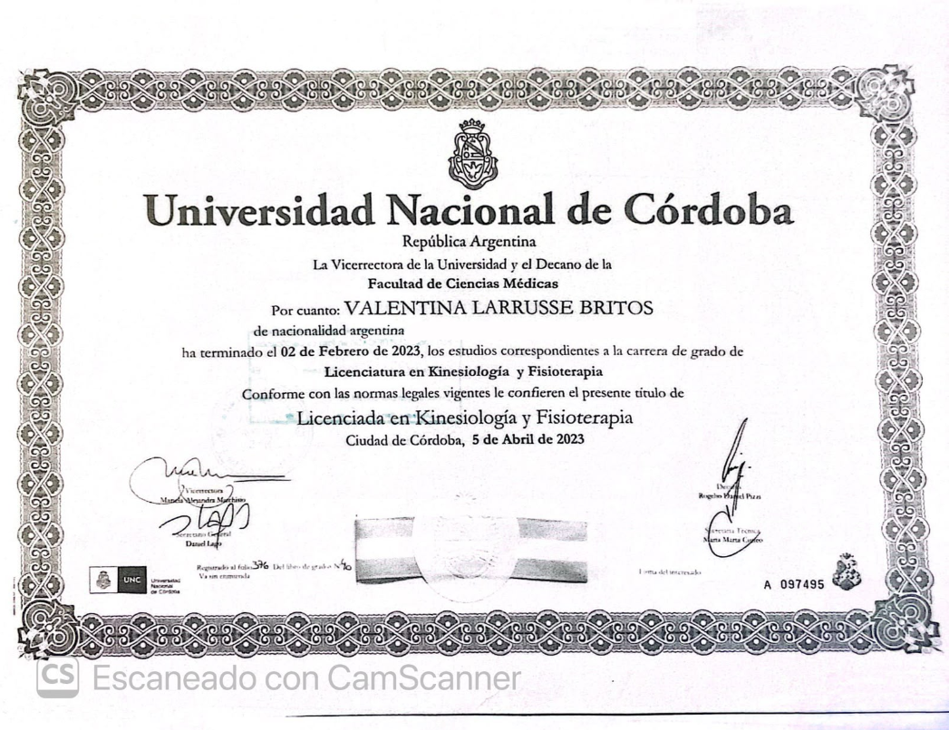 Certificado — Licenciatura en Kinesiología y Fisioterapia
