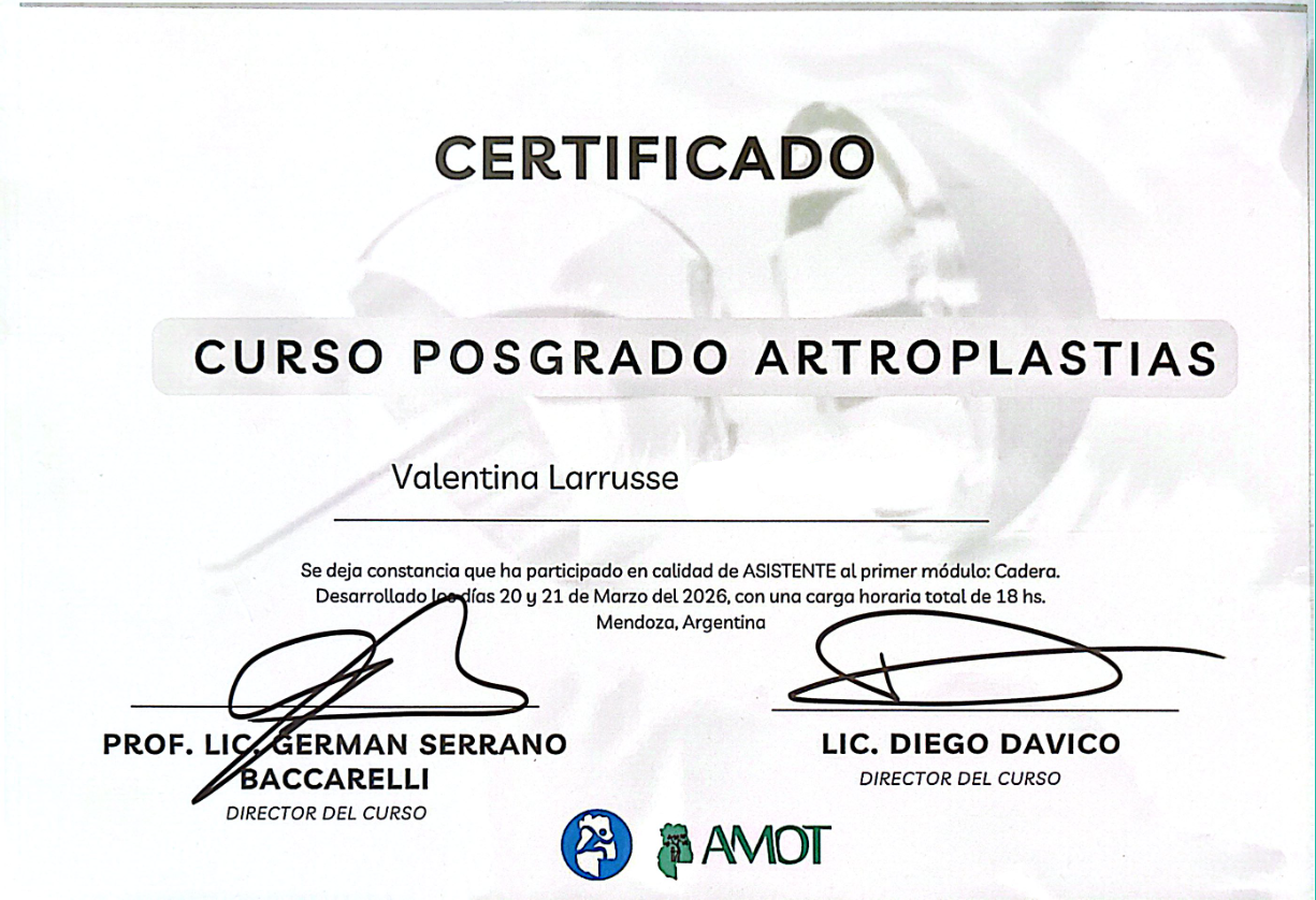 Certificado — Curso Posgrado en Artroplastias