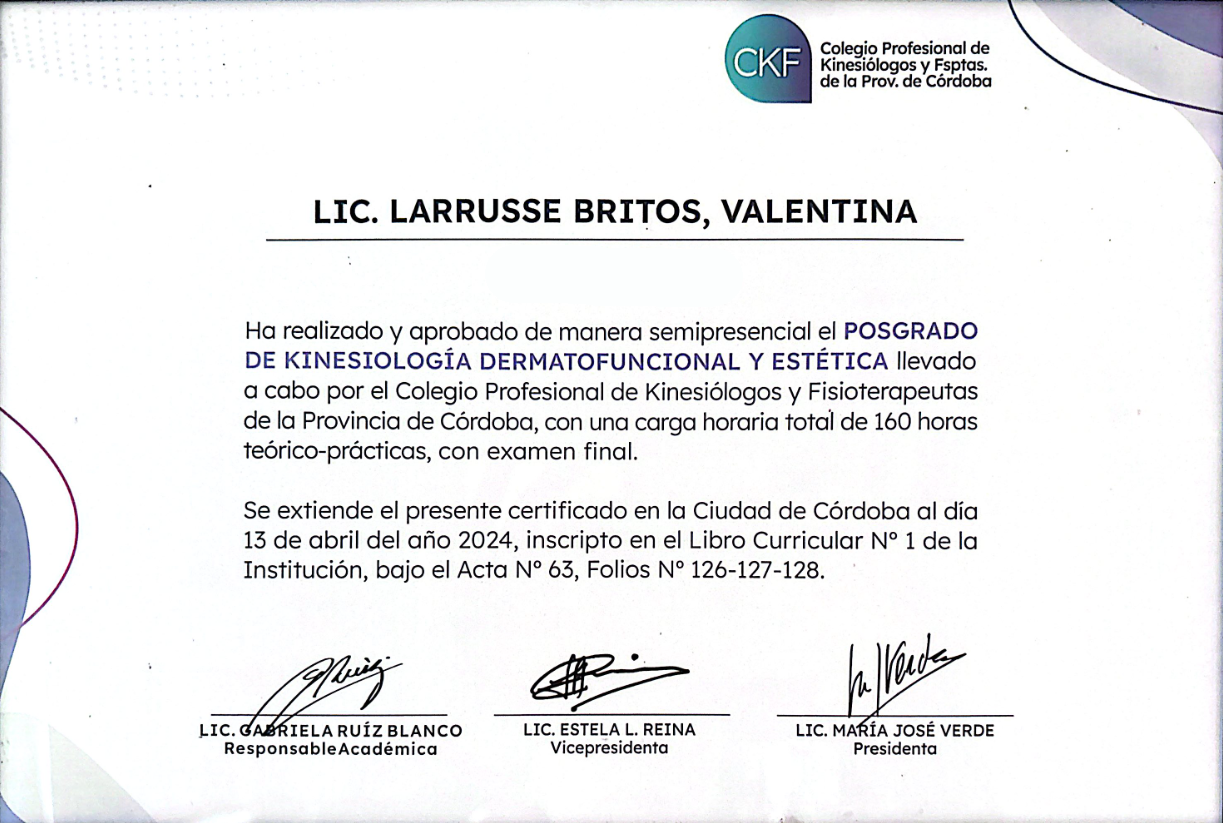 Certificado — Posgrado en Kinesiología Dermatofuncional y Estética