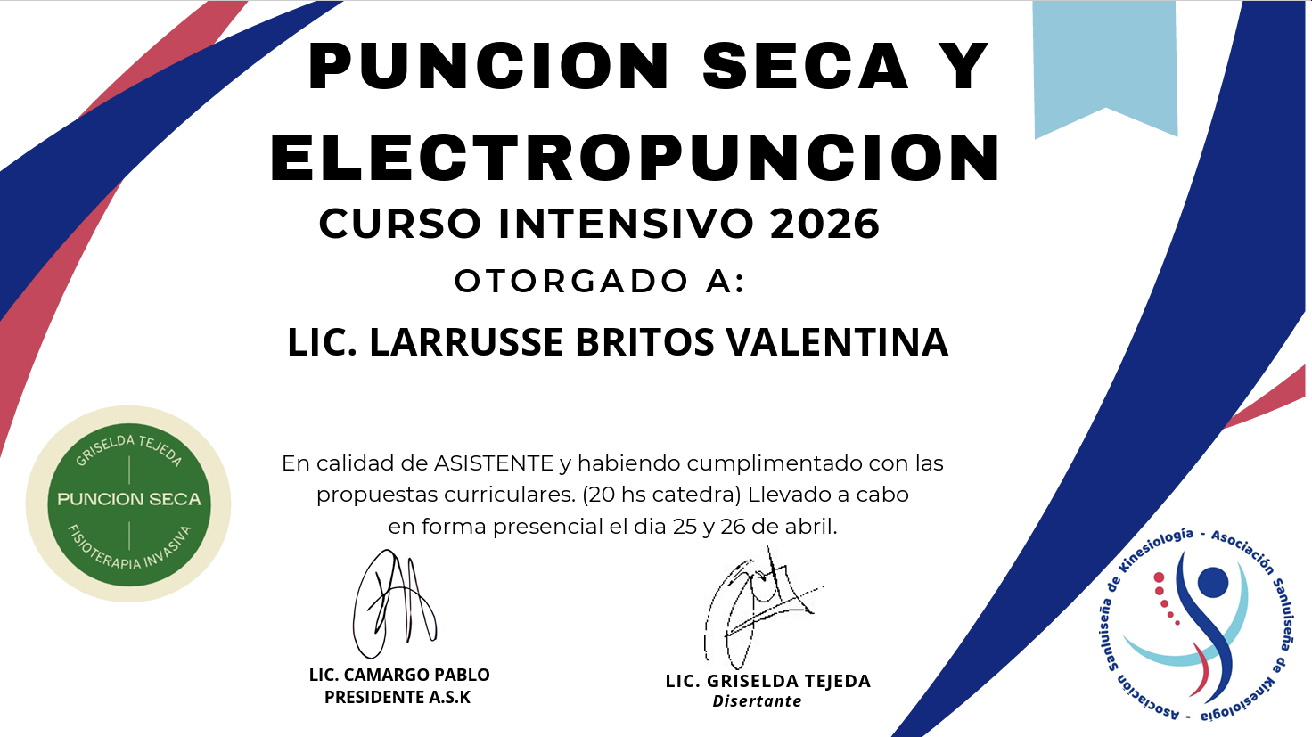 Certificado — Punción Seca y Electropunción
